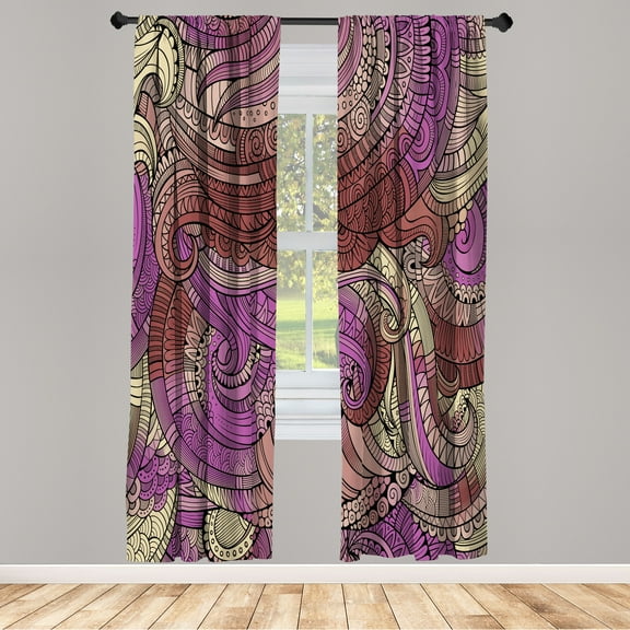 Ambesonne Abstract Curtains, Paisley Pattern Swirled, Pair of 28"x84", Violet Cream
