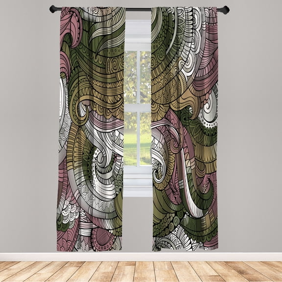 Ambesonne Abstract Curtains, Paisley Pattern Swirled, Pair of 28"x95", Army Green