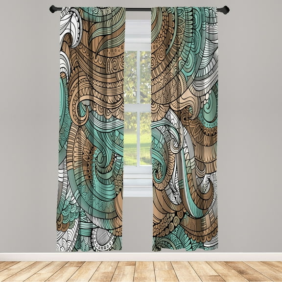 Ambesonne Abstract Curtains, Paisley Pattern Swirled, Pair of 28"x95", Camel Seafoam