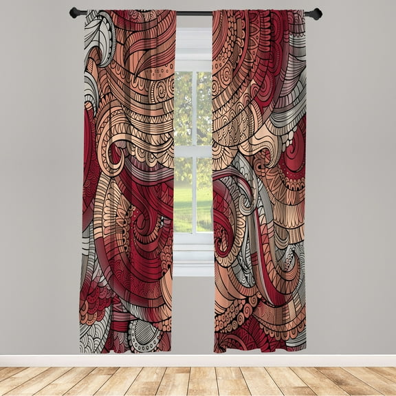 Ambesonne Abstract Curtains, Paisley Pattern Swirled, Pair of 28"x95", Ruby Peach