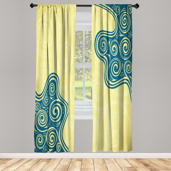 Ambesonne Abstract Curtains, Vintage Floral Spiral, Pair of 28"x63", Yellow Blue