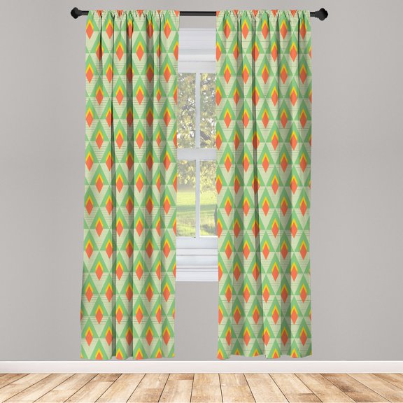 Ambesonne Abstract Curtains, Vivid Rhombus Pattern Line, Pair of 28"x63", Pale Green Orange