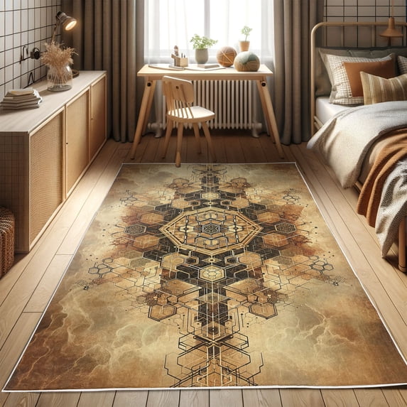 Ambesonne Abstract Decorative Rug Carpet, Earth Tone Futurist Cubes, 2' 5" x 5', Dark Mustard Peach