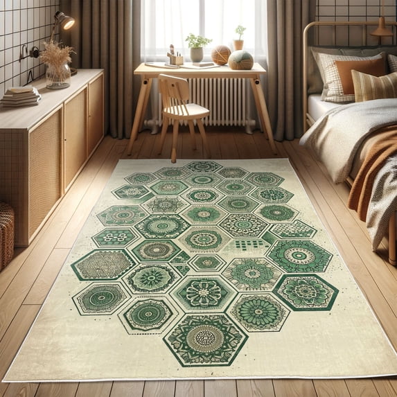 Ambesonne Abstract Decorative Rug Carpet, Honeycomb Mandala Trippy, 5' 1" X 7' 5", Jade Green Pale Mustard