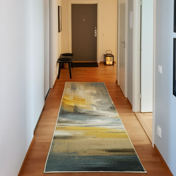 Ambesonne Abstract Decorative Rug Carpet, Strokes Contemporary Art, 2' 5" x 7' 5", Blue Grey Mustard Ecru