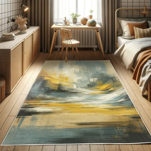 Ambesonne Abstract Decorative Rug Carpet, Strokes Contemporary Art, 5' 1" X 7' 5", Blue Grey Mustard Ecru
