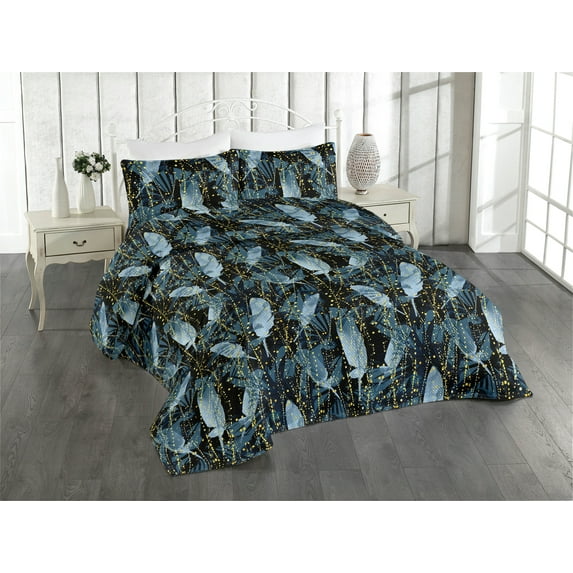 Ambesonne Abstract Design Quilted Bedspread Set 3 Pcs, Art Grunge Feathers, Queen, Mustard Pale Ceil Blue