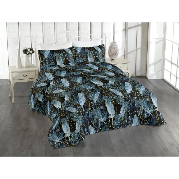 Ambesonne Abstract Design Quilted Bedspread Set 3 Pcs, Art Grunge Feathers, Twin, Mustard Pale Ceil Blue