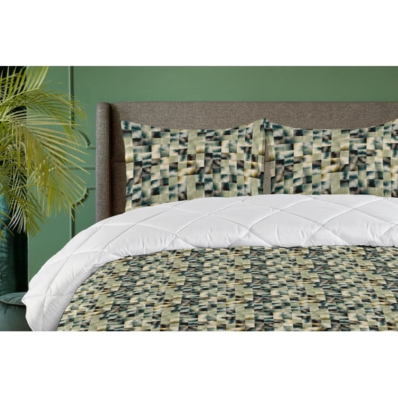 Ambesonne Abstract Down Alternative Quilt Comforter, Mosaic Pattern Trippy Art, Twin, Teal Khaki and Dark Grey