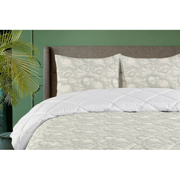 Ambesonne Abstract Down Alternative Quilt Comforter, Rounded Geometric Motifs, Queen, Pale Sage Green and Ivory