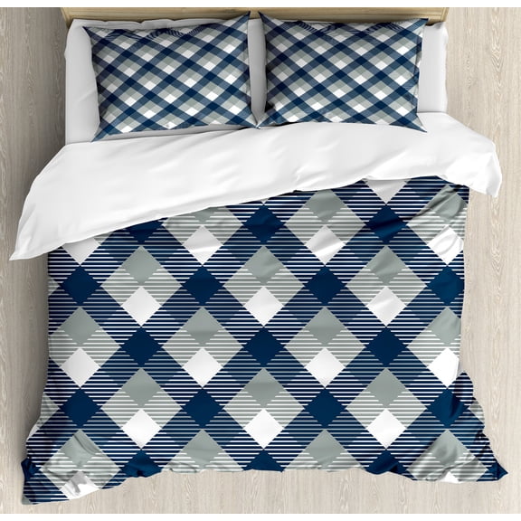 Ambesonne Abstract Duvet Cover Set, Checkered Tartan Shape, King, Dimgrey White Dark Blue