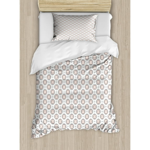 Ambesonne Abstract Duvet Cover Set, Continued Geometric Items, Twin, Peach Dark Grey and White