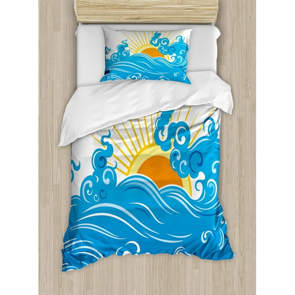 Ambesonne Abstract Duvet Cover Set, Curved Ocean Waves Sun, Twin, Blue Yellow Orange