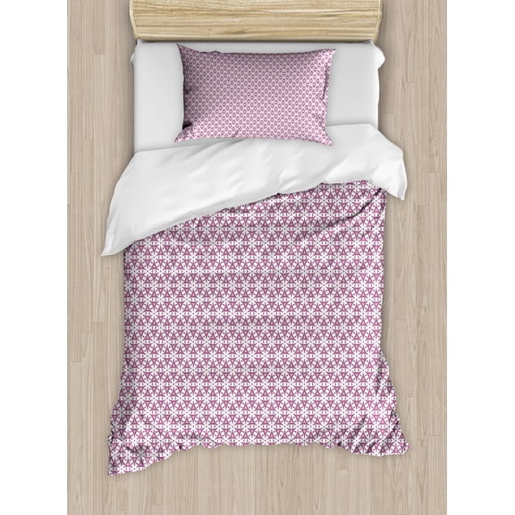 Ambesonne Abstract Duvet Cover Set, Geometric Style Motifs, Twin, White and Pale Fuchsia