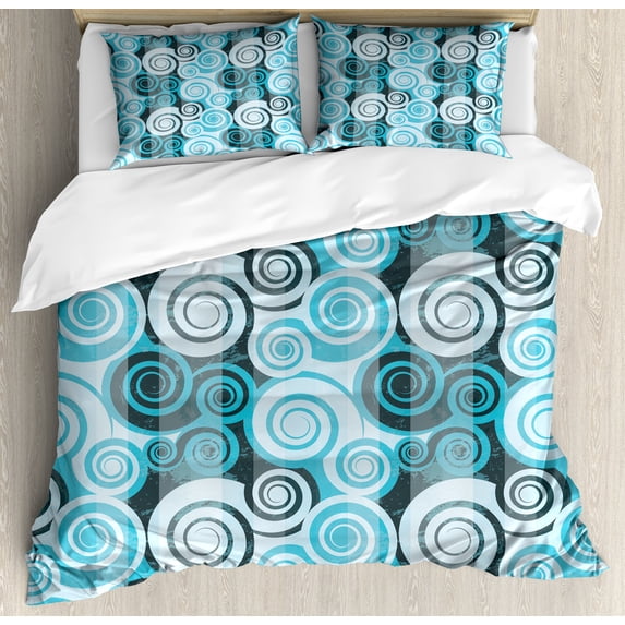 Ambesonne Abstract Duvet Cover Set, Grunge Art Spiral Circles, Calking, Sky Blue Grey Teal