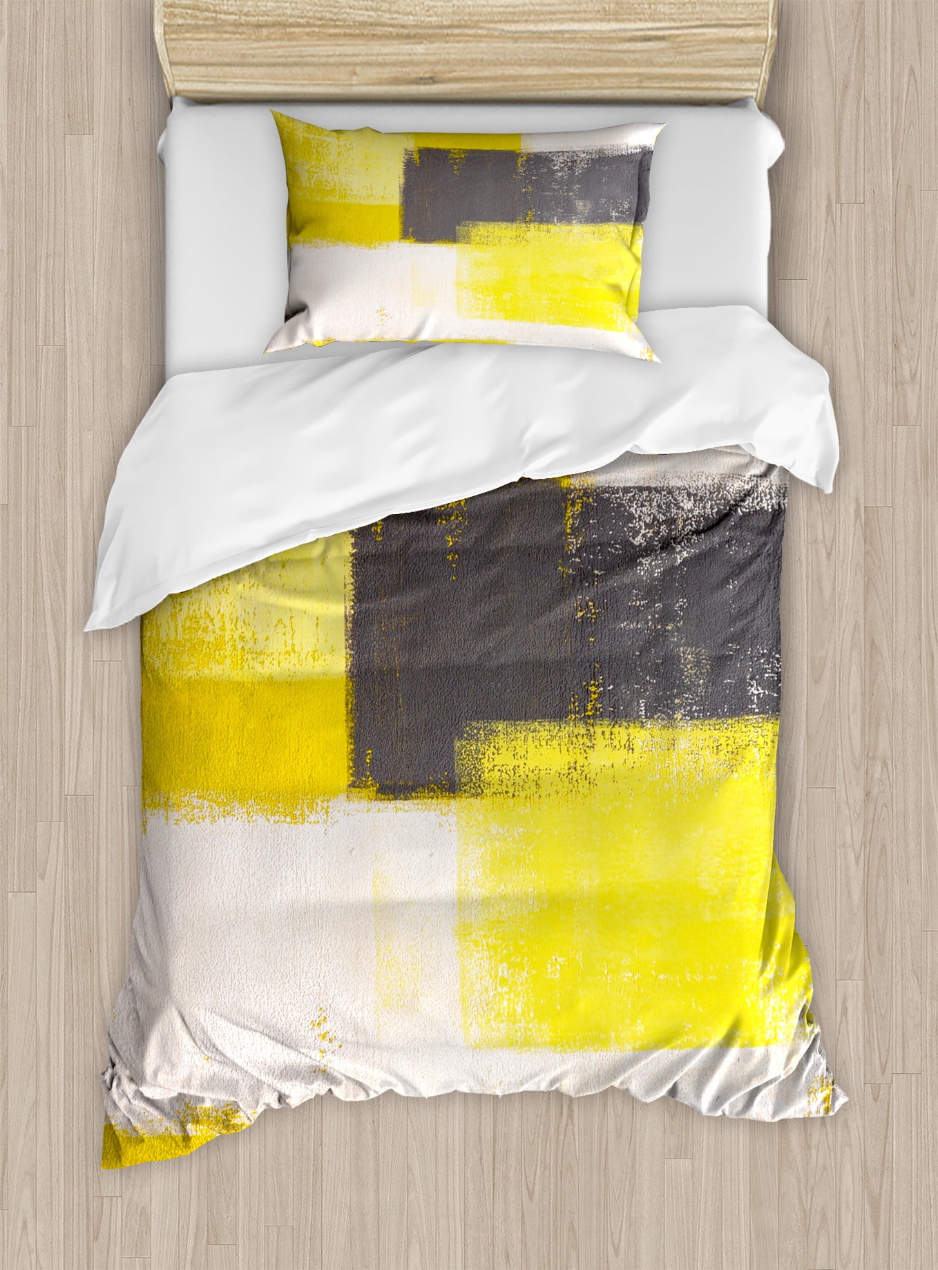 Twin Gray and Yellow Abstract Brushstroke Duvet Cover Set