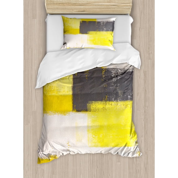 Ambesonne Abstract Duvet Cover Set, Grunge Brushstrokes, Twin, Grey Yellow