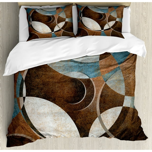 Ambesonne Abstract Duvet Cover Set, Grunge Vintage Rounds, King, Umber Slate Blue