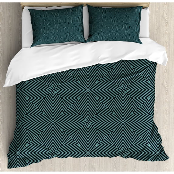 Ambesonne Abstract Duvet Cover Set, Intricate Stripes Pattern, Queen, Dark Blue and Petrol Blue