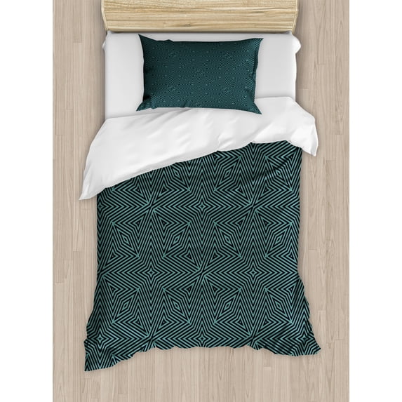 Ambesonne Abstract Duvet Cover Set, Intricate Stripes Pattern, Twin, Dark Blue and Petrol Blue