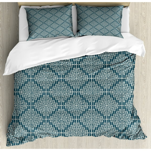 Ambesonne Abstract Duvet Cover Set, Labyrinth Style Motif Art, Calking, Slate Blue Pale Tan