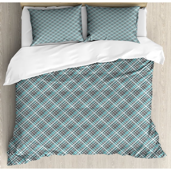 Ambesonne Abstract Duvet Cover Set, Modernized Plaid Design, King, Grey Seafoam and White