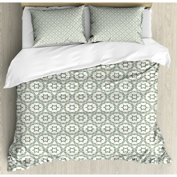Ambesonne Abstract Duvet Cover Set, Monochrome Vintage Motifs, Queen, White and Pale Olive Green