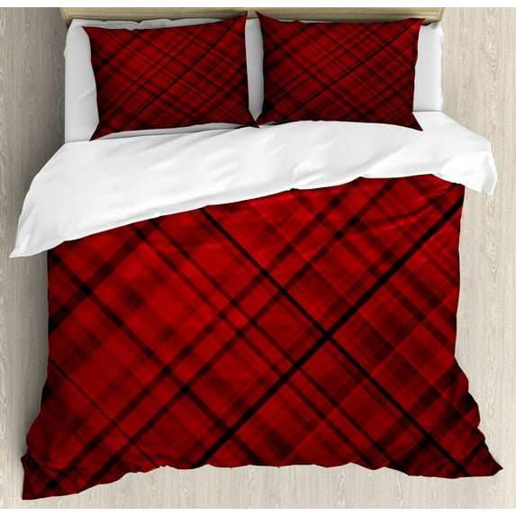 Ambesonne Abstract Duvet Cover Set, Pattern of Scottish Kilt, Calking, Burgundy Scarlet