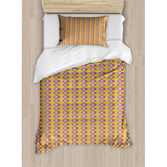 Ambesonne Abstract Duvet Cover Set, Quirky Modern Chained Form, Twin, Mustard Purple and Tan