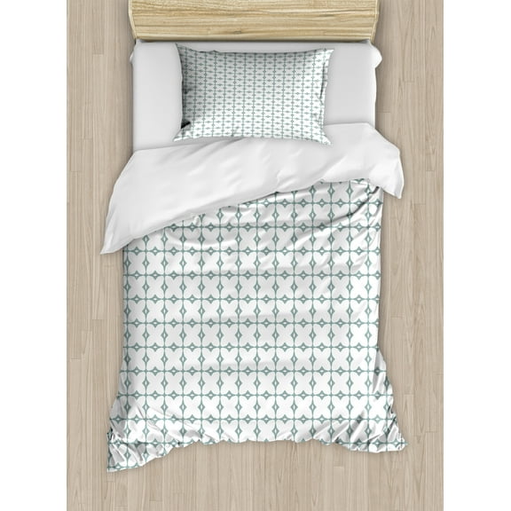 Ambesonne Abstract Duvet Cover Set, Simplistic Motif Elements, Twin, White Dark Sea Green