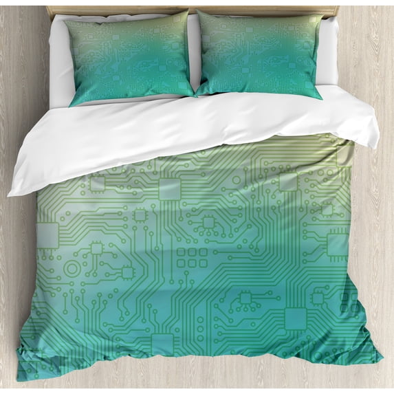 Ambesonne Abstract Duvet Cover Set, Tech Vector Pattern, Queen, Jade Green Pale Green