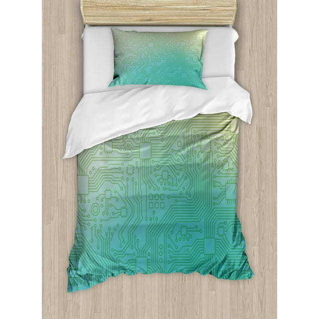 Ambesonne Abstract Duvet Cover Set, Tech Vector Pattern, Twin, Jade Green Pale Green