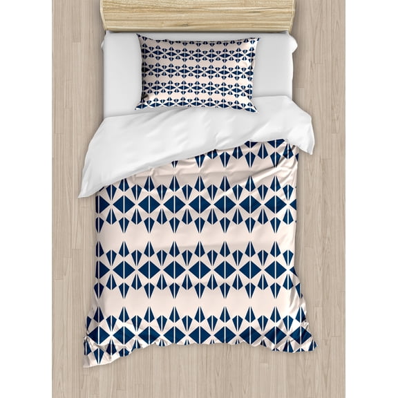 Ambesonne Abstract Duvet Cover Set, Triangles Arrangement Art, Twin, Pale Eggshell Night Blue