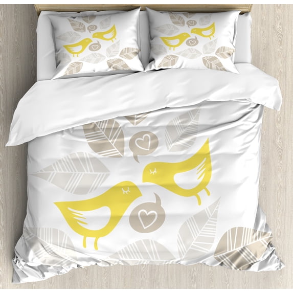 Ambesonne Abstract Duvet Cover Sets, Art Deco Birds Leaves, 2-Queen, Warm Taupe Yellow White