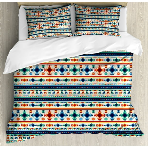 Ambesonne Abstract Duvet Cover Sets, Aztec Geometry Prehistoric, 2-King, Blue White and Orange