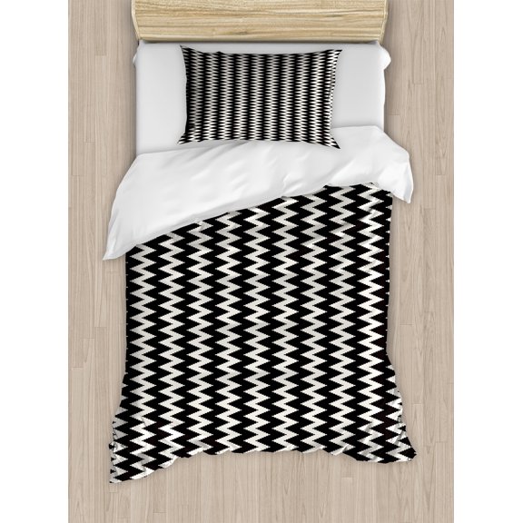 Ambesonne Abstract Duvet Cover Sets, Classic Zigzags Pattern, 2-Twin, Dark Grey Eggshell