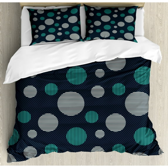 Ambesonne Abstract Duvet Cover Sets, Cold Toned Striped Rounds, 2-King, Dark Teal and Turquoise