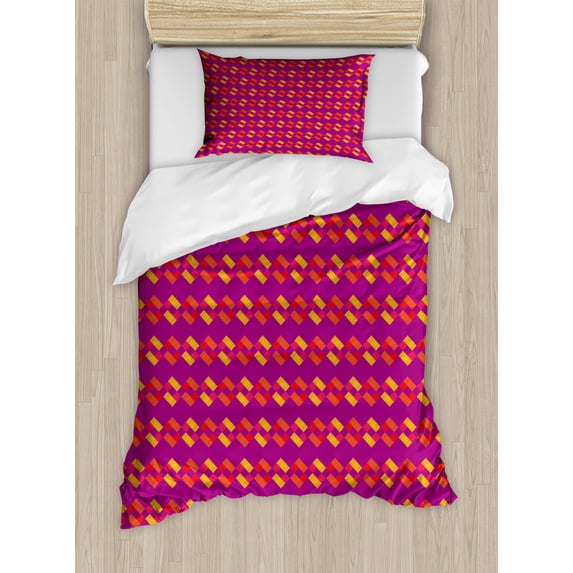 Ambesonne Abstract Duvet Cover Sets, Colorful Hatched Squares, 2-Twin, Dark Magenta Multicolor