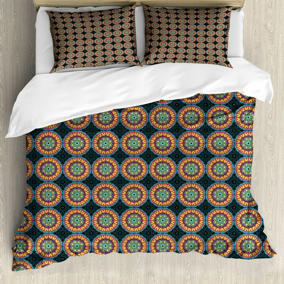 Ambesonne Abstract Duvet Cover Sets, Colorful Mandala Motifs, 2-Queen, Charcoal Grey and Multicolor