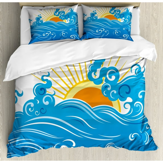 Ambesonne Abstract Duvet Cover Sets, Curved Ocean Waves Sun, 2-King, Blue Yellow Orange