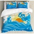 thumbnail image 1 of Ambesonne Abstract Duvet Cover Sets, Curved Ocean Waves Sun, 2-Queen, Blue Yellow Orange, 1 of 7
