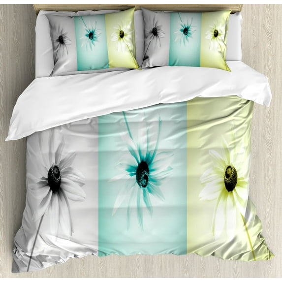 Ambesonne Abstract Duvet Cover Sets, Different Daisy Flower, 2-Queen, Avocado Green Turquoise