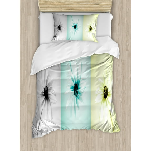 Ambesonne Abstract Duvet Cover Sets, Different Daisy Flower, 2-Twin, Avocado Green Turquoise