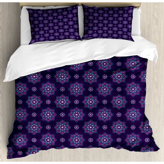 Ambesonne Abstract Duvet Cover Sets, Dots Flowers Mandala Style, 2-King, Dark Purple Sky Blue