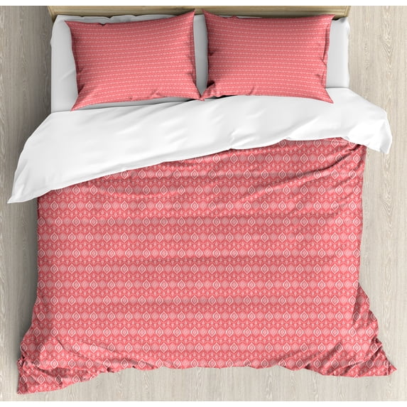 Ambesonne Abstract Duvet Cover Sets, Drop Diamonds Lace Look, 2-King, Salmon and White