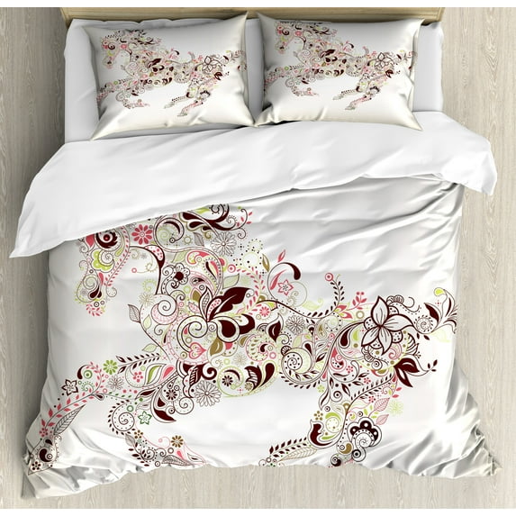 Ambesonne Abstract Duvet Cover Sets, Floral Horse Paisley, 2-Queen, Green Brown Pink