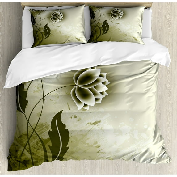 Ambesonne Abstract Duvet Cover Sets, Grey Flowers Ivy Leaf, 2-King, Olive Green Dark Green