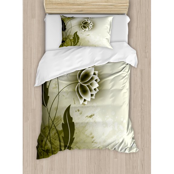 Ambesonne Abstract Duvet Cover Sets, Grey Flowers Ivy Leaf, 2-Twin, Olive Green Dark Green