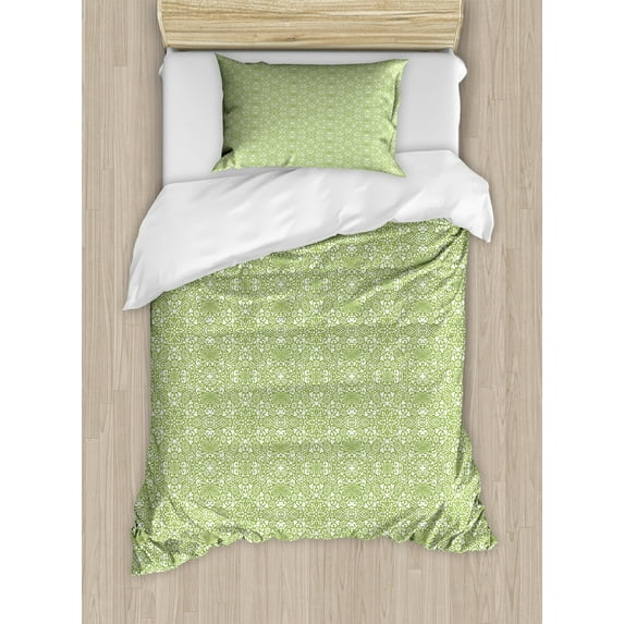 Ambesonne Abstract Duvet Cover Sets, Jumble Monochrome Damask, 2-Twin, Pale Olive Green White