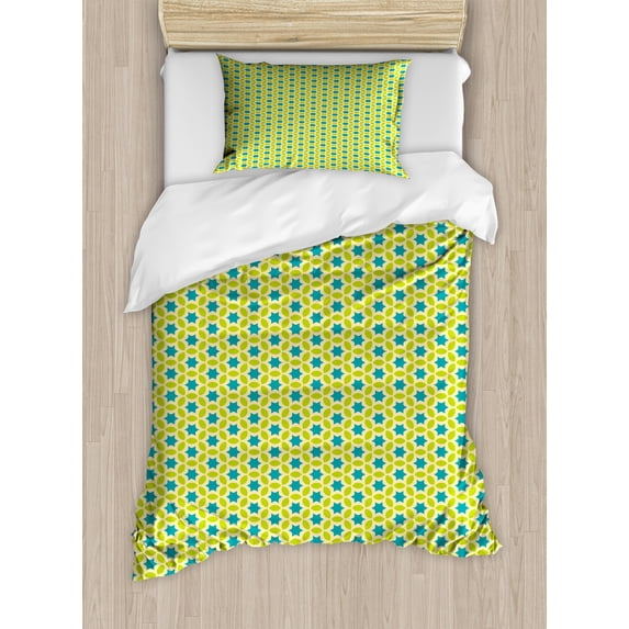 Ambesonne Abstract Duvet Cover Sets, Modern Round Stars, 2-Twin, Yellow Petrol Blue